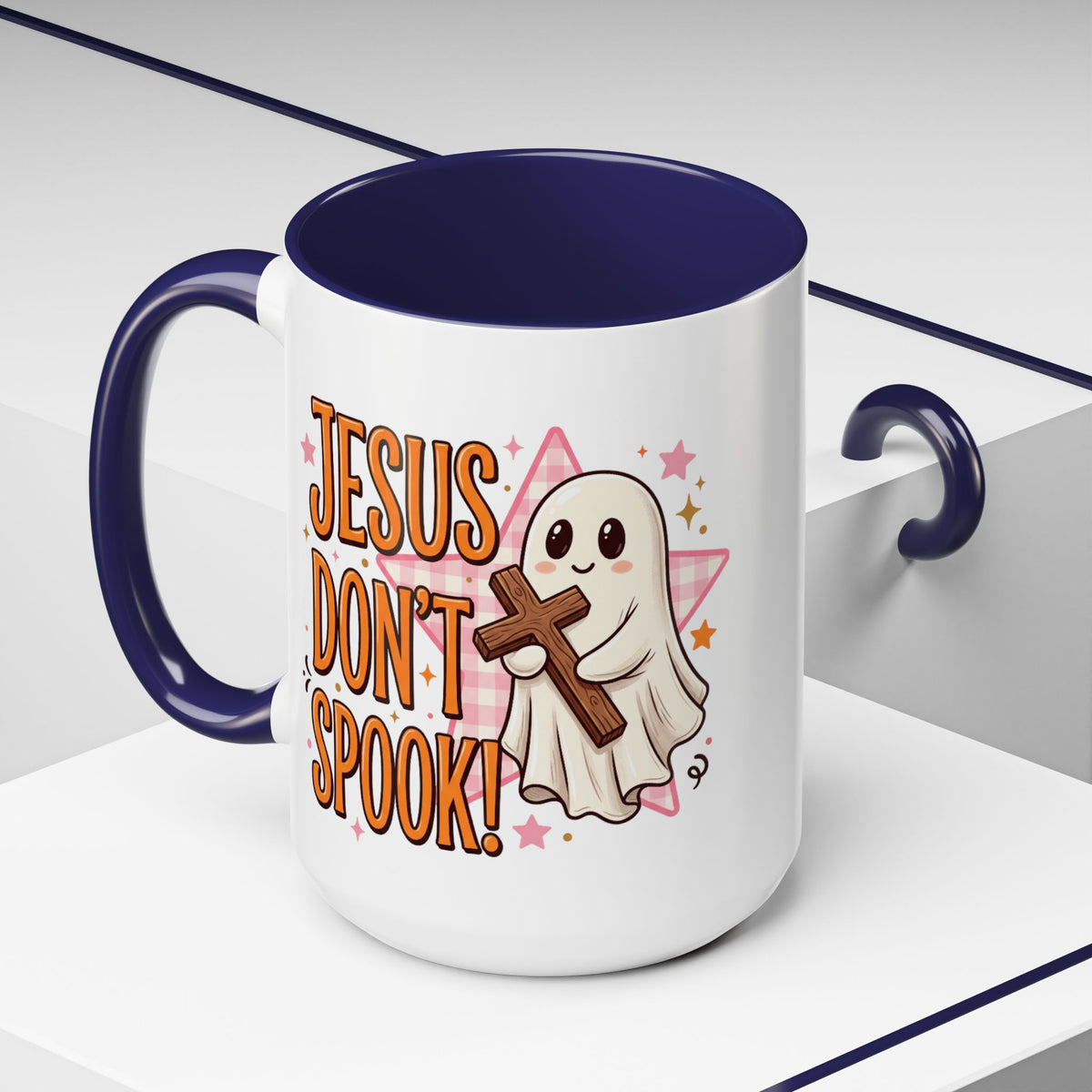 Accent Coffee Mug — "Jesus Don't Spook!" Cute Ghost Christian Coffee Mug (11/15oz)