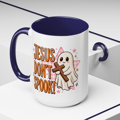 Accent Coffee Mug — "Jesus Don't Spook!" Cute Ghost Christian Coffee Mug (11/15oz)