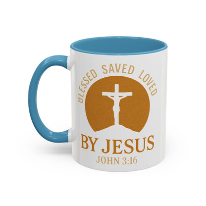 Inspirational Accent Coffee Mug - Blessed, Saved, Loved by Him | John 3:16
