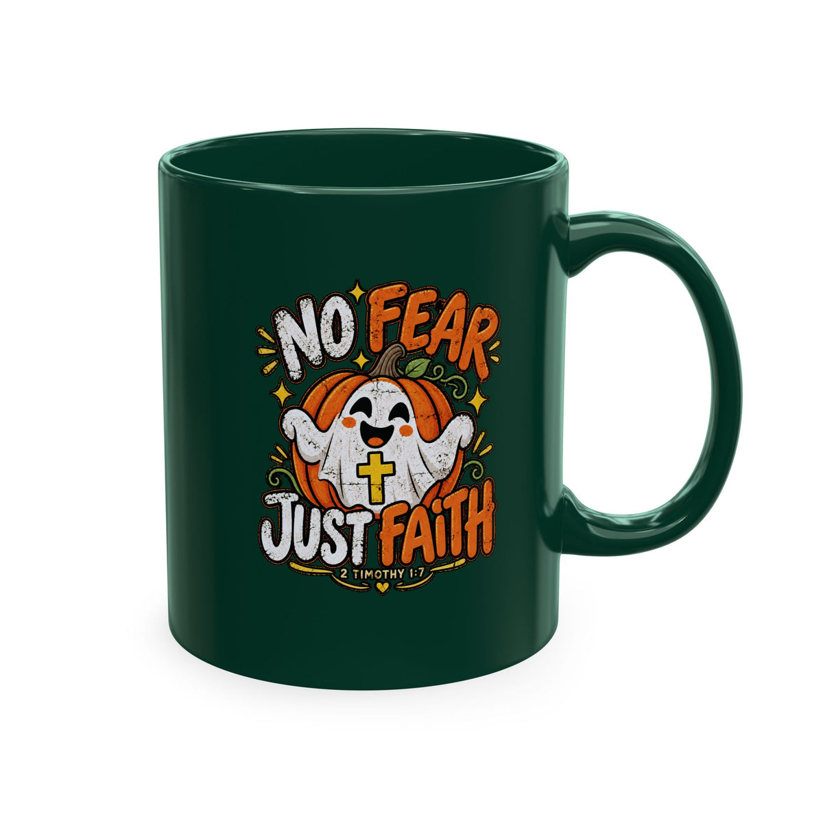 Halloween Ghost Christian Ceramic Mug — "No Fear, Just Faith" Pumpkin Coffee Cup