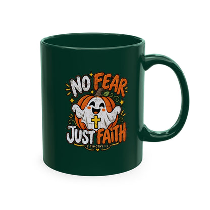 Halloween Ghost Christian Ceramic Mug — "No Fear, Just Faith" Pumpkin Coffee Cup