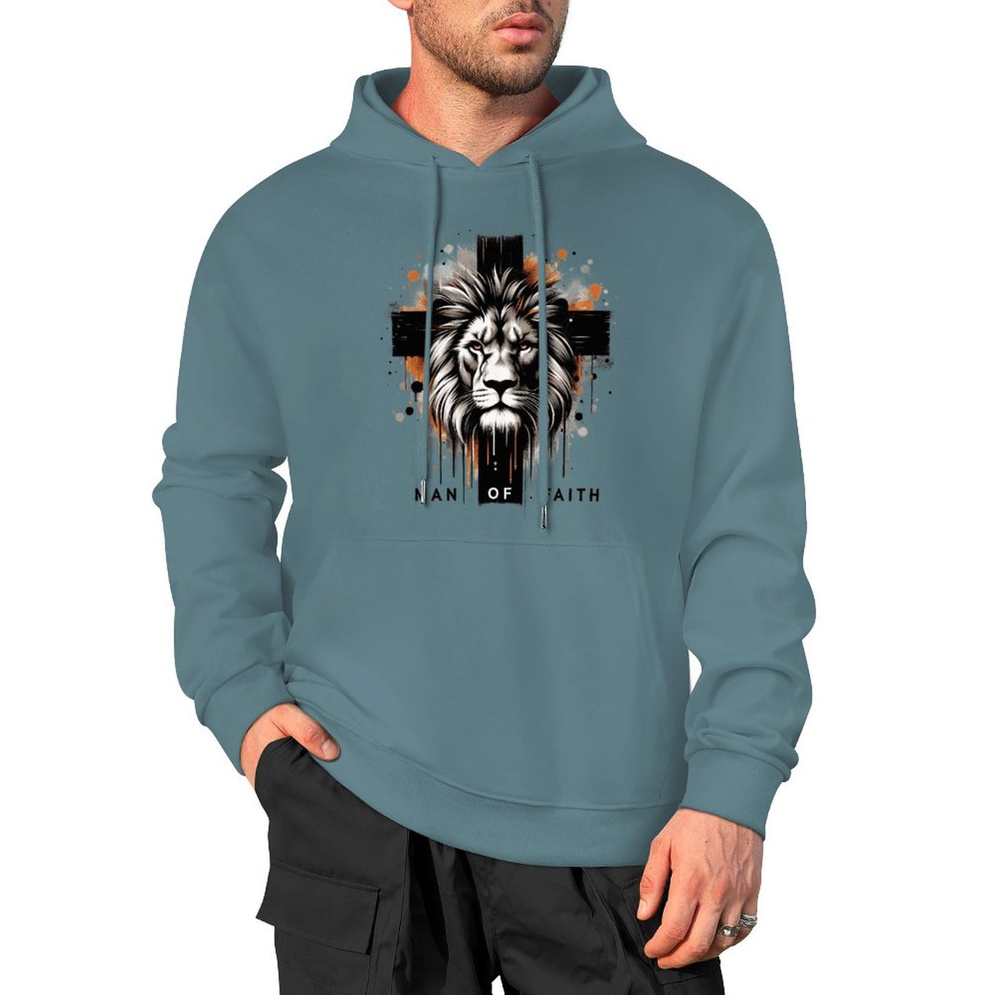 Man of Faith (lion cross) Men's Christian Hooded Pullover Sweatshirt