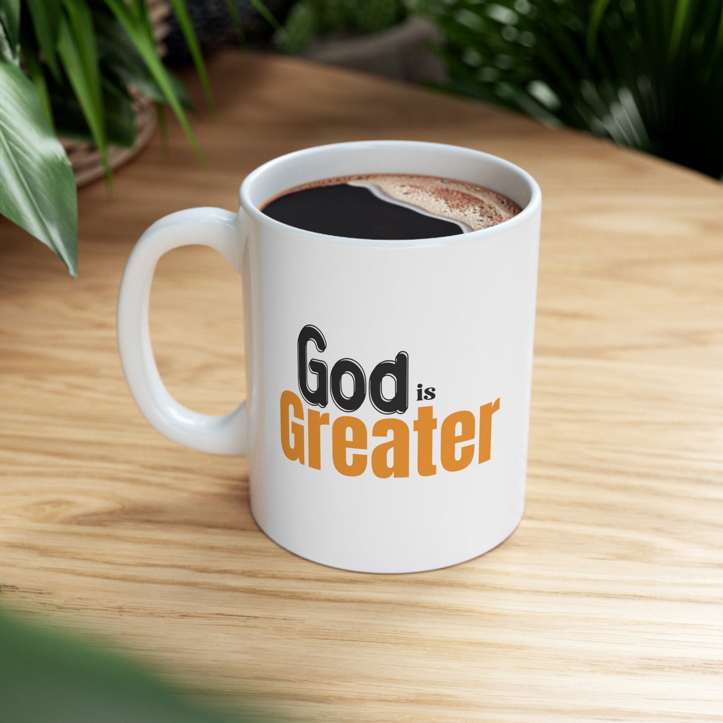 God Is Greater Christian White Ceramic Mug 11oz (double sided print) Printify