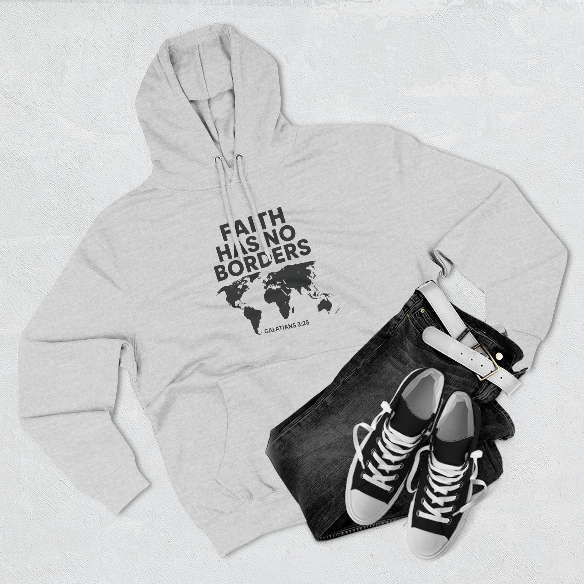 Faith Has No Borders Hoodie, Inspirational Fleece Hoodie for Travel Lovers, Religious Gift, Faith Apparel, Galatians 3:28 - ClaimedbyGodDesigns