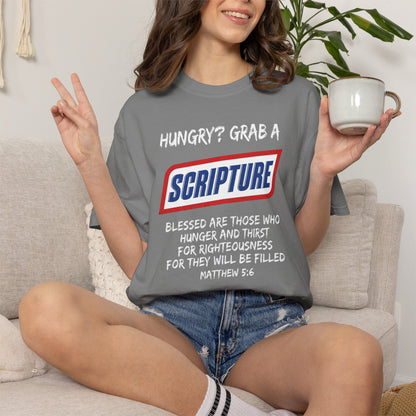 Scripture Snack T-Shirt — "Hungry? Grab a Scripture" Matthew 5:6 Christian Tee