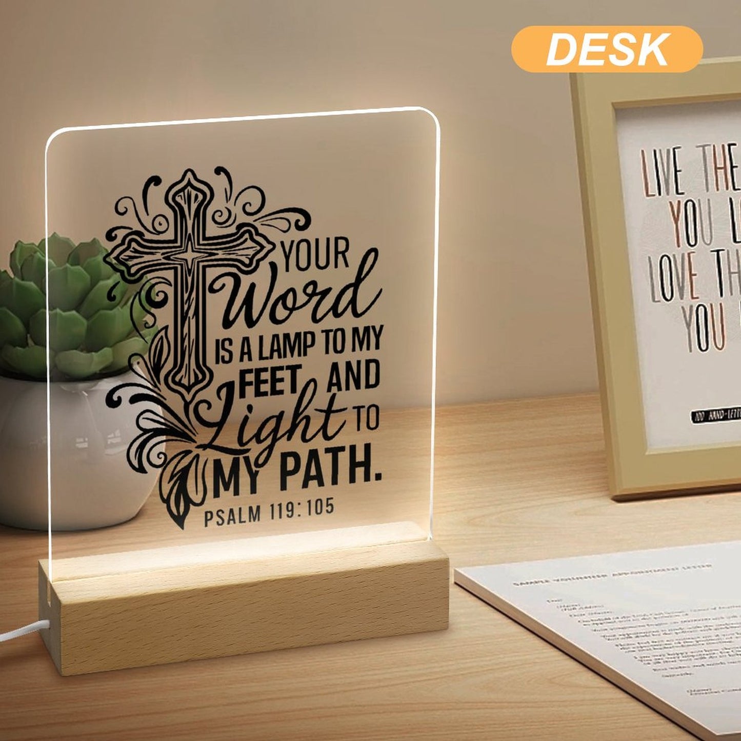 Your Word Is A Lamp To My Feet And Light To My Path Christian Acrylic Night Light with Wooden Base Christian Gift Idea