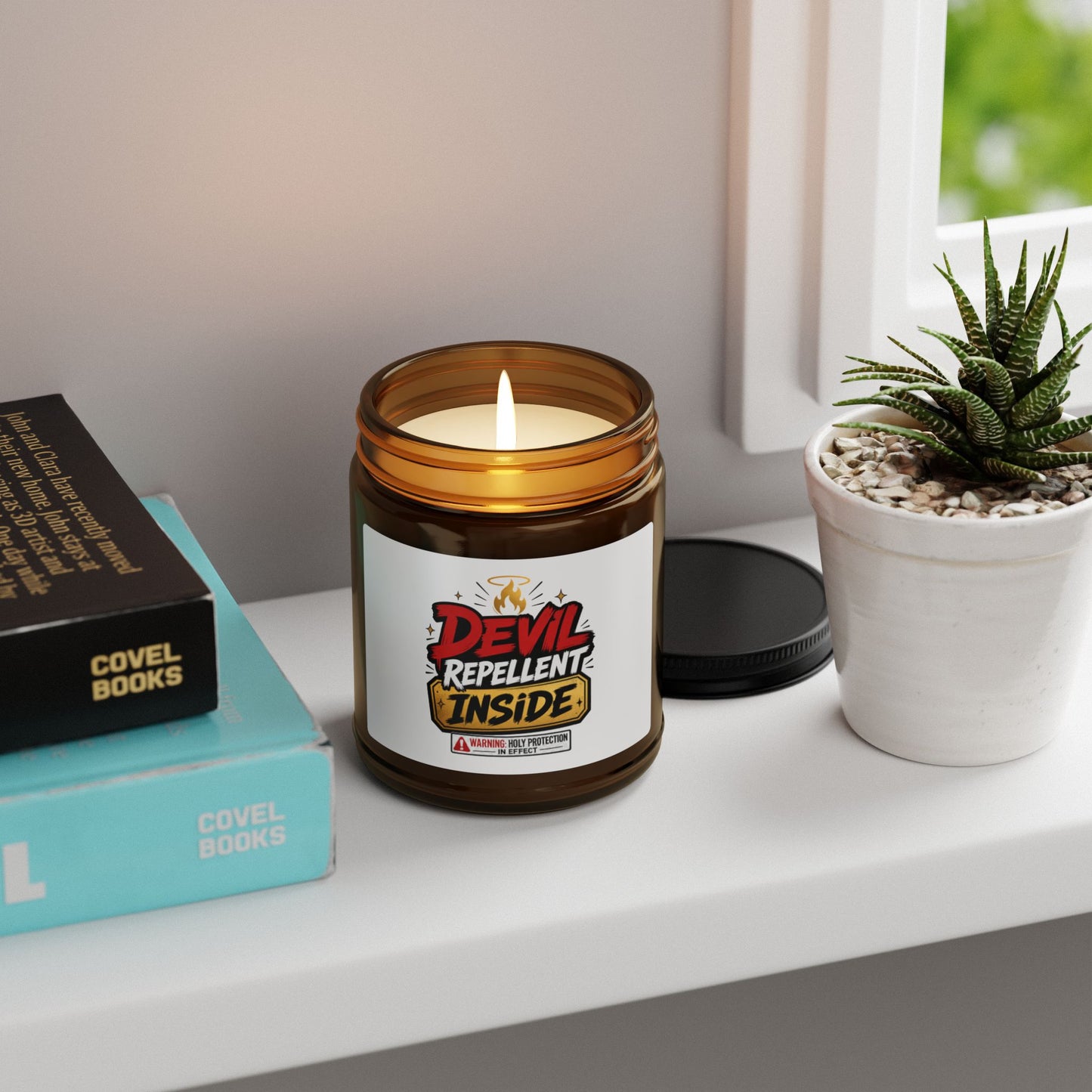 Soy Candle — “Devil Repellent Inside” Amber Jar (Scented, Multi - Size) - ClaimedbyGodDesigns