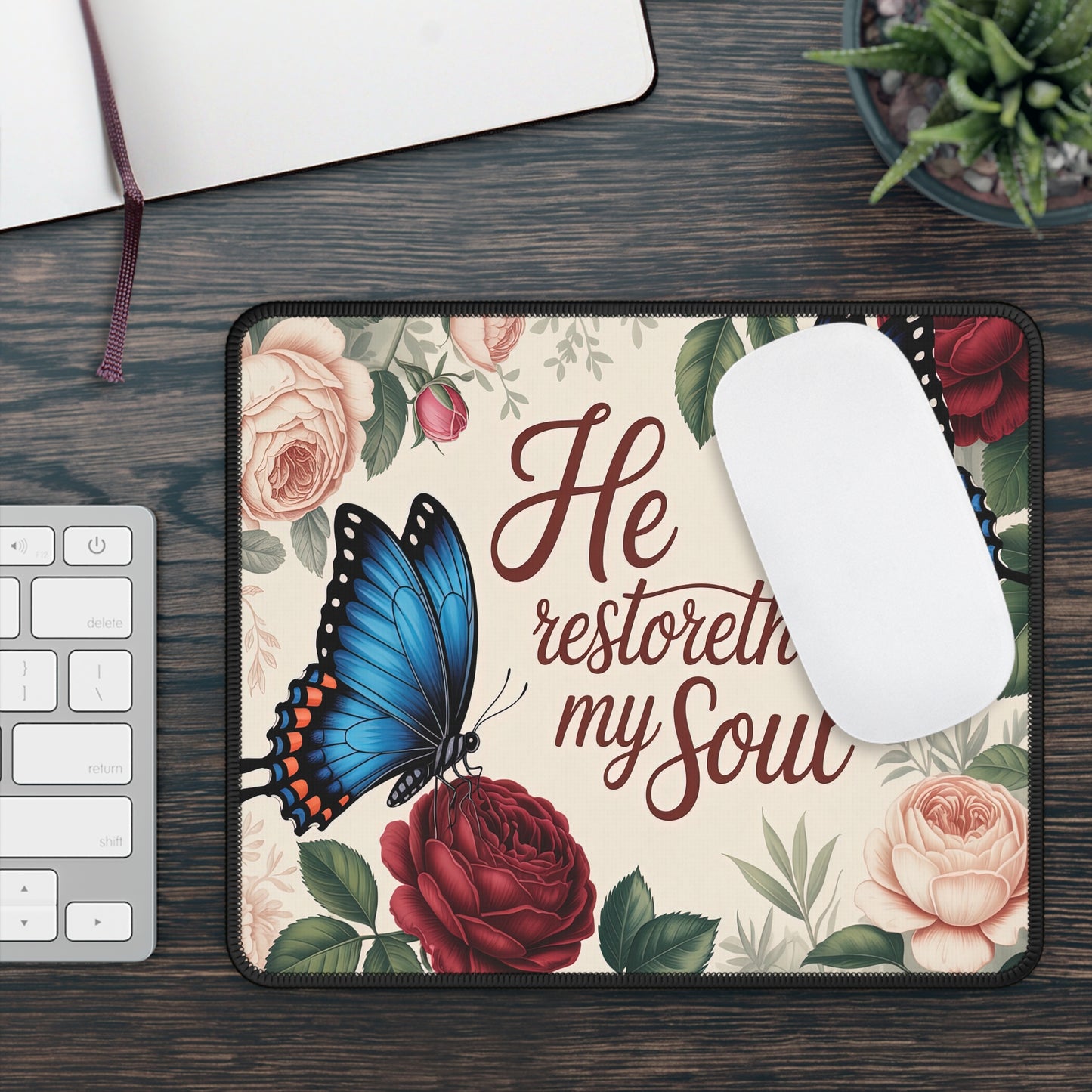 Inspirational Butterfly Gaming Mouse Pad – "He Restoreth My Soul" – Perfect for Gamers and Home Office