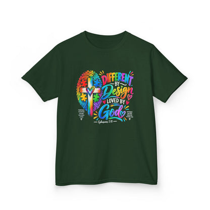 Youth Autism Awareness T-Shirt — "Different by Design, Loved by God" Colorful Cross Tee