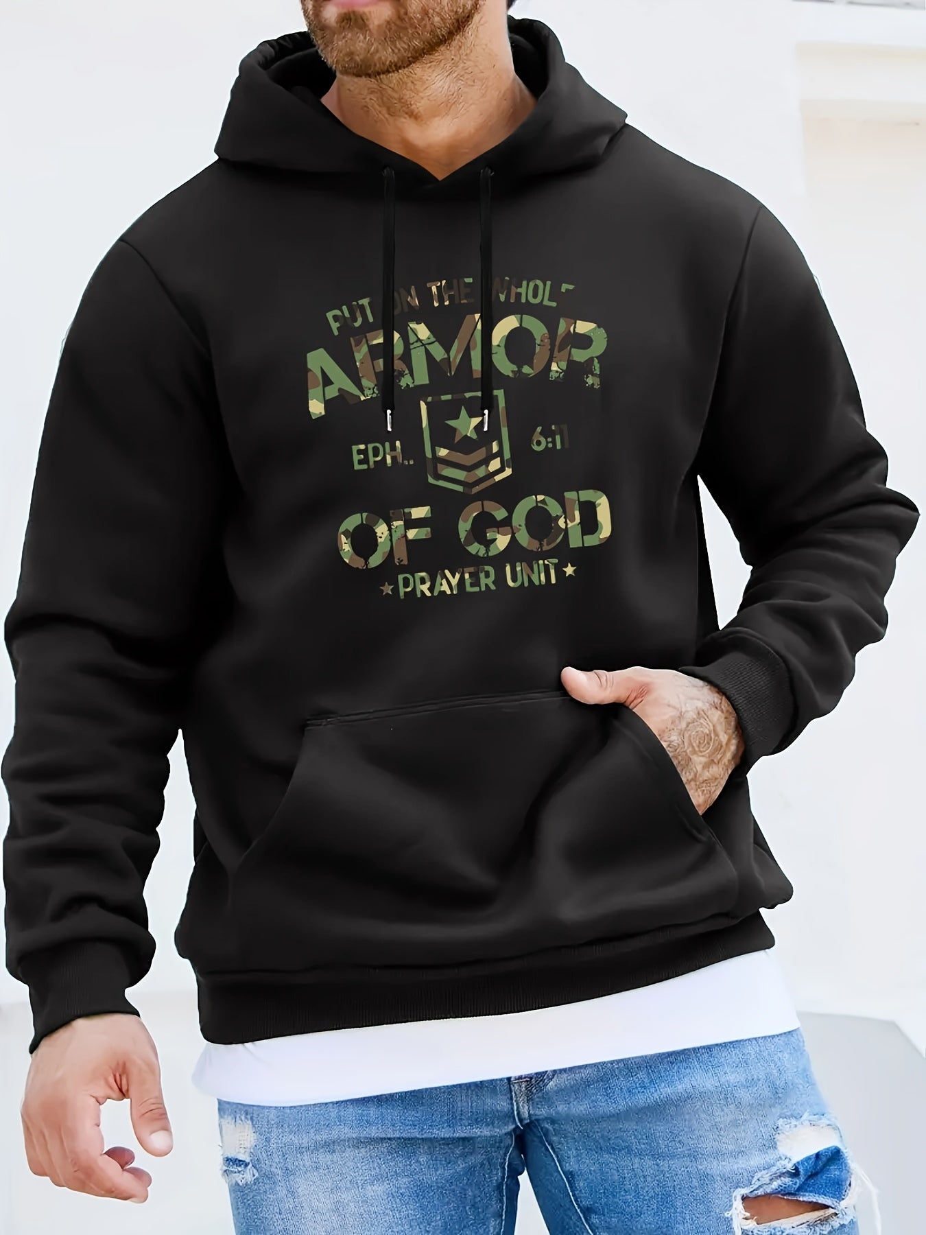 Ephesians 6:11 Prayer Unit: Put On The Whole Armor Of God Men's Christian Pullover Hooded Sweatshirt claimedbygoddesigns