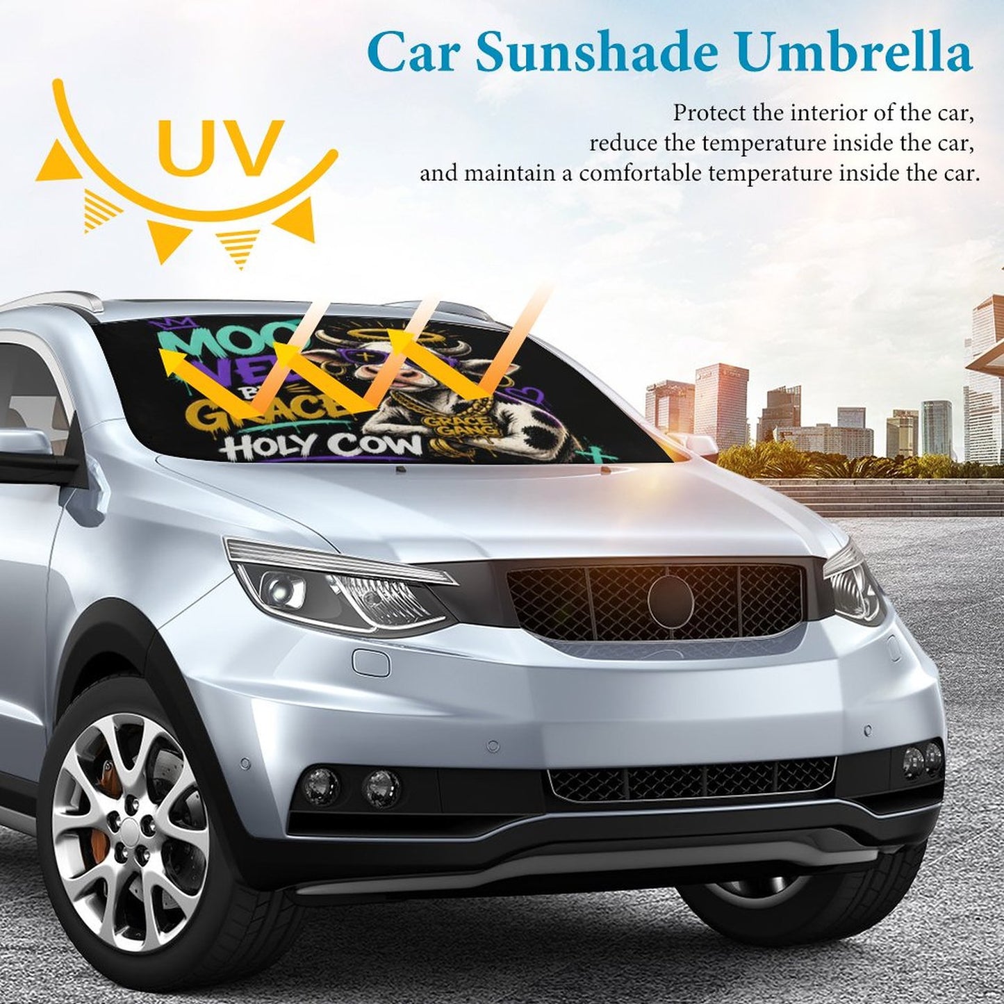 Moo‑ved by Grace — Holy Cow Christian Car Sunshade Umbrella - ClaimedbyGodDesigns