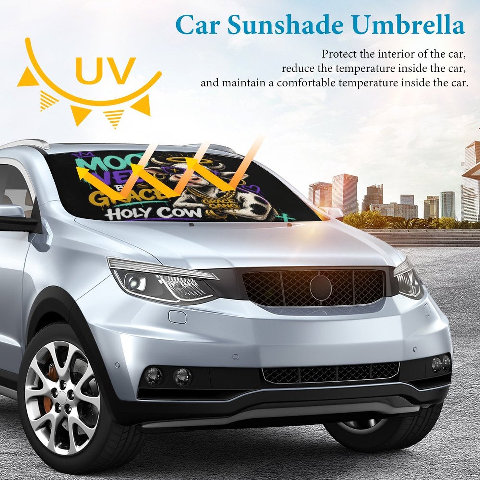 Moo‑ved by Grace — Holy Cow Christian Car Sunshade Umbrella - ClaimedbyGodDesigns