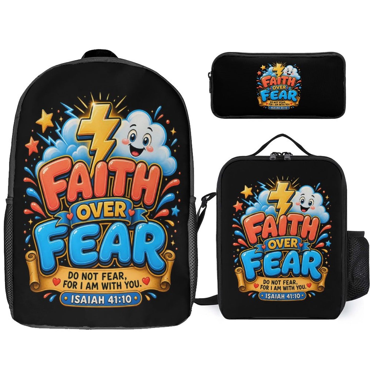 Faith Over Fear Christian 3 PCS Bag Set (Backpack, Lunch Bag and Pencil Case) - ClaimedbyGodDesigns
