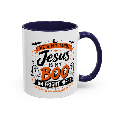 Christian Coffee Mug — "He's My Light, Jesus Is My Boo" Halloween Accent Mug