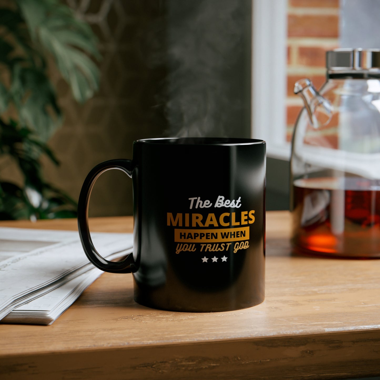The Best Miracles Happen When You Trust God Black Ceramic Mug 11oz (double sided printing) Printify