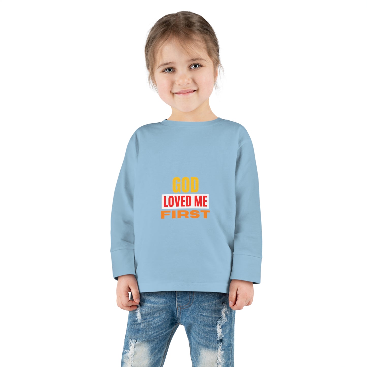 God-Loved-Me-First-Toddler-Christian-Sweatshirt Printify