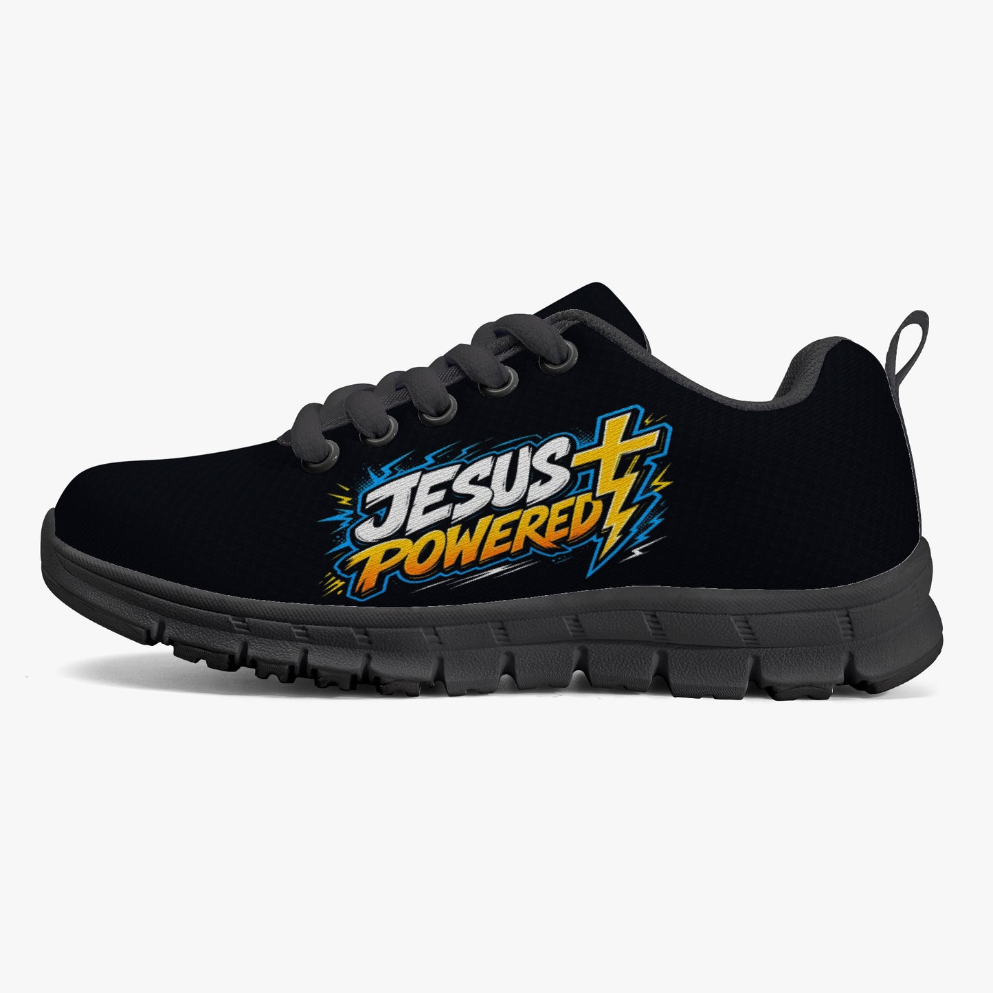 Jesus Powered Christian Kids' Lightweight Mesh Sneakers - Black - ClaimedbyGodDesigns