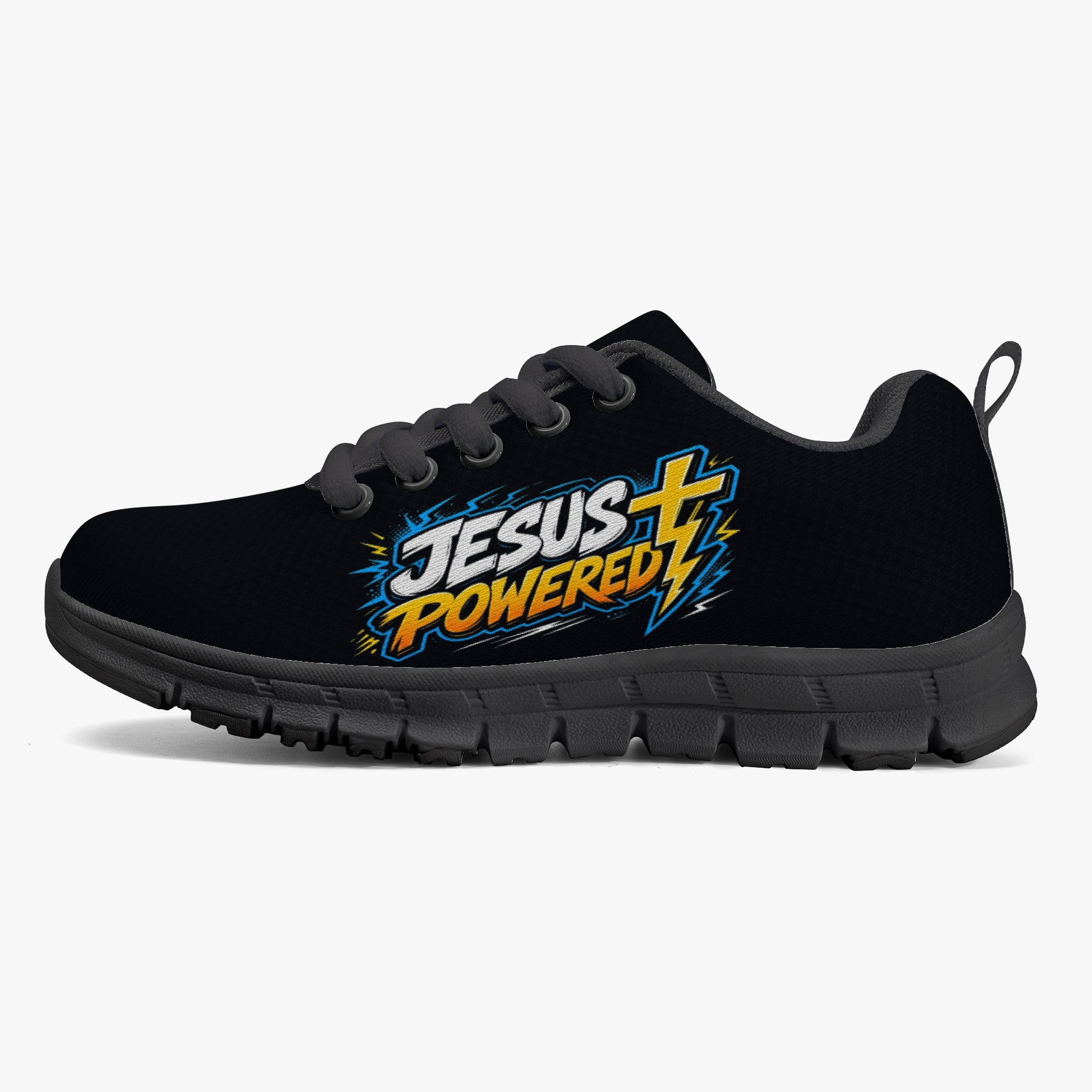 Jesus Powered Christian Kids' Lightweight Mesh Sneakers - Black - ClaimedbyGodDesigns