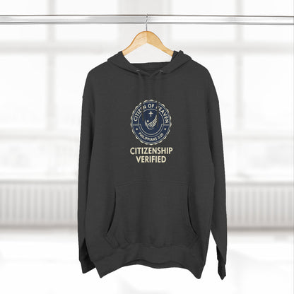 Citizenship Verified Fleece Hoodie, Cozy Sweatshirt for All Ages, Great Gift for Holidays, Casual Wear, Unique Statement Piece - ClaimedbyGodDesigns