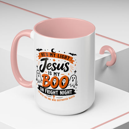 Christian Coffee Mug — "He's My Light, Jesus Is My Boo" Halloween Accent Mug