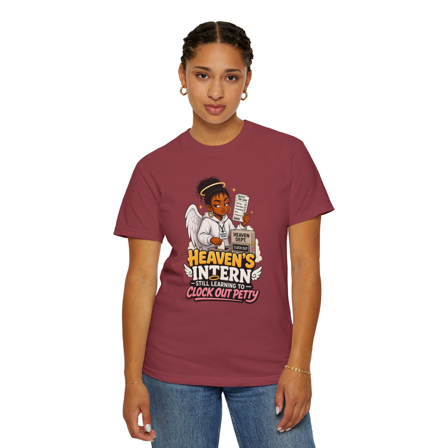 Heaven's Intern T-shirt – Funny Angel Nurse Tee ('Still Learning to Clock Out Petty') - ClaimedbyGodDesigns