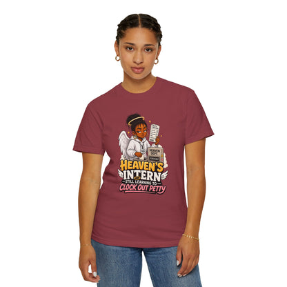 Heaven's Intern T-shirt – Funny Angel Nurse Tee ('Still Learning to Clock Out Petty')