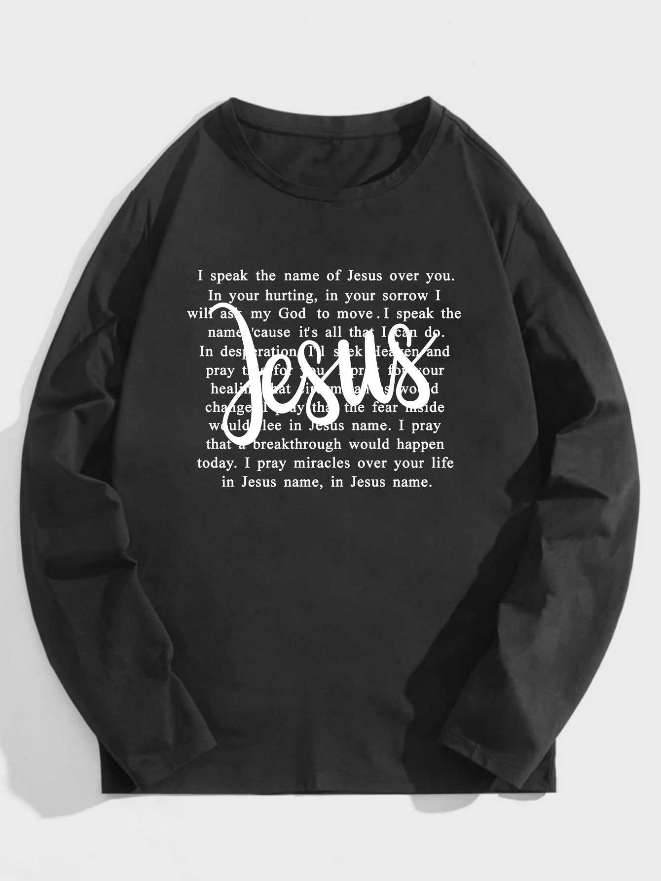 Jesus Letter Print T-shirt, Casual Long Sleeve Crew Neck Top, Women's Clothing claimedbygoddesigns