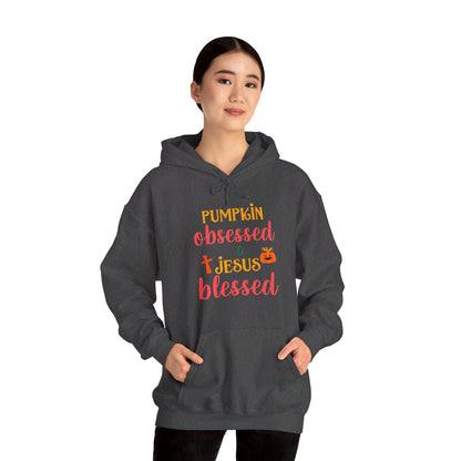 Pumpkin Obsessed And Blessed by Him Halloween Unisex Christian Pullover Hooded Sweatshirt