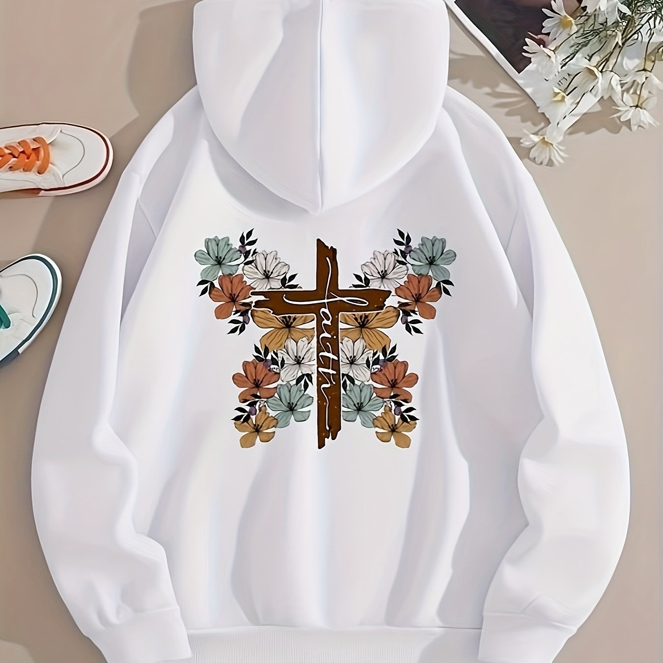 FAITH (Floral Cross) Women's Christian Pullover Hooded Sweatshirt claimedbygoddesigns