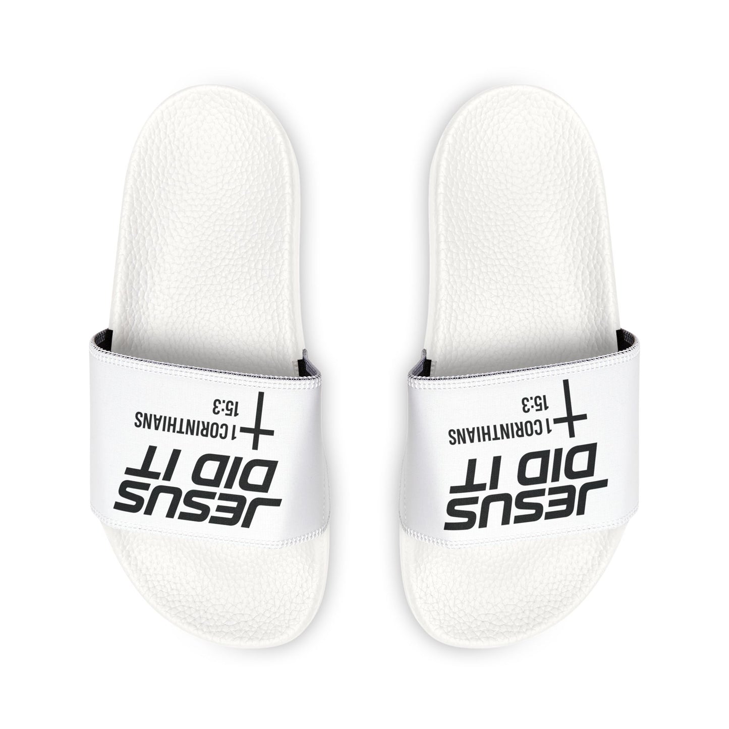 Youth 'He Did It' Christian Slide Sandals — 1 Corinthians 15:3 Faith Slides