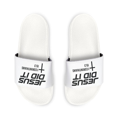 Youth 'He Did It' Christian Slide Sandals — 1 Corinthians 15:3 Faith Slides