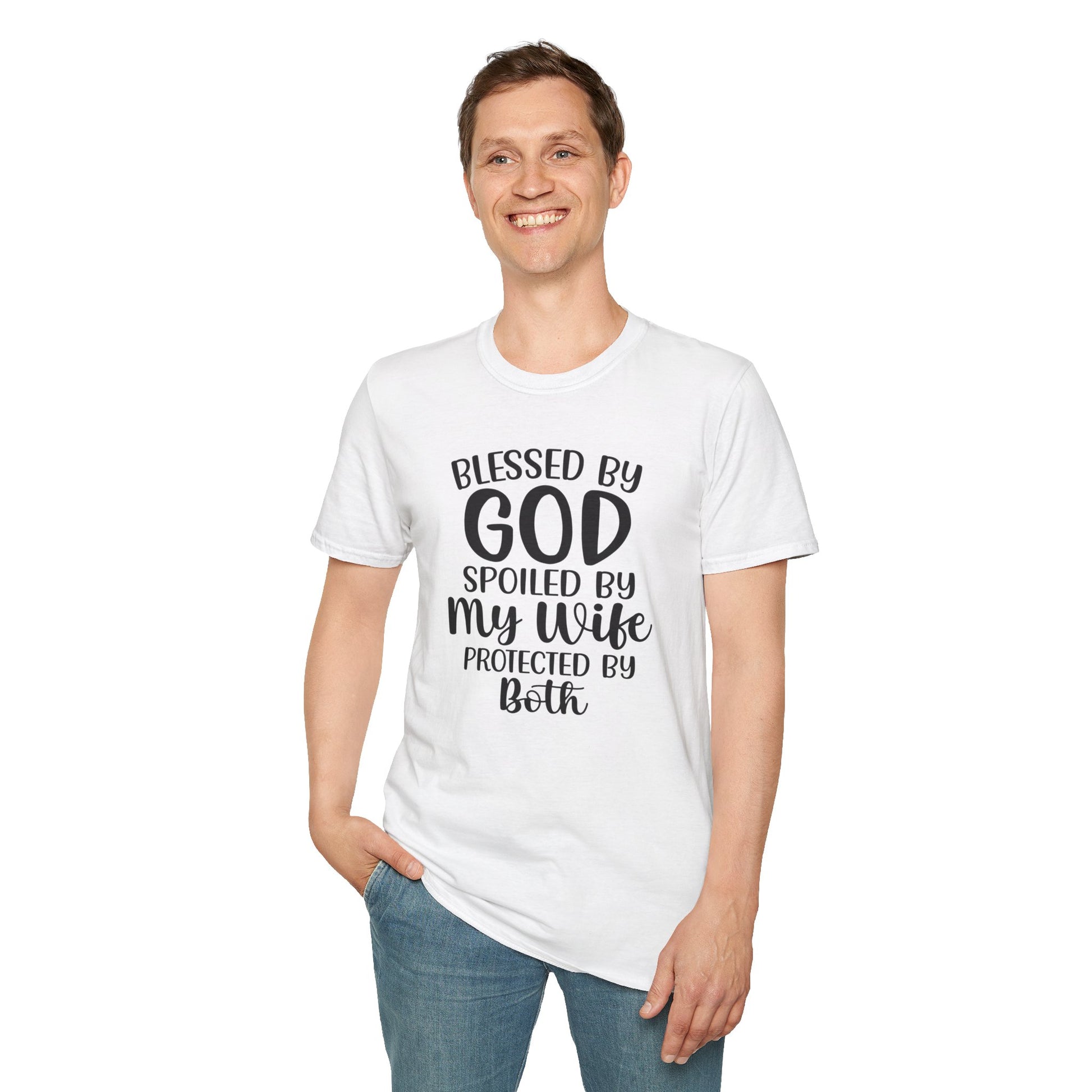 Blessed By God Spoiled By My Wife Protected By Both Men's Christian T-shirt Printify