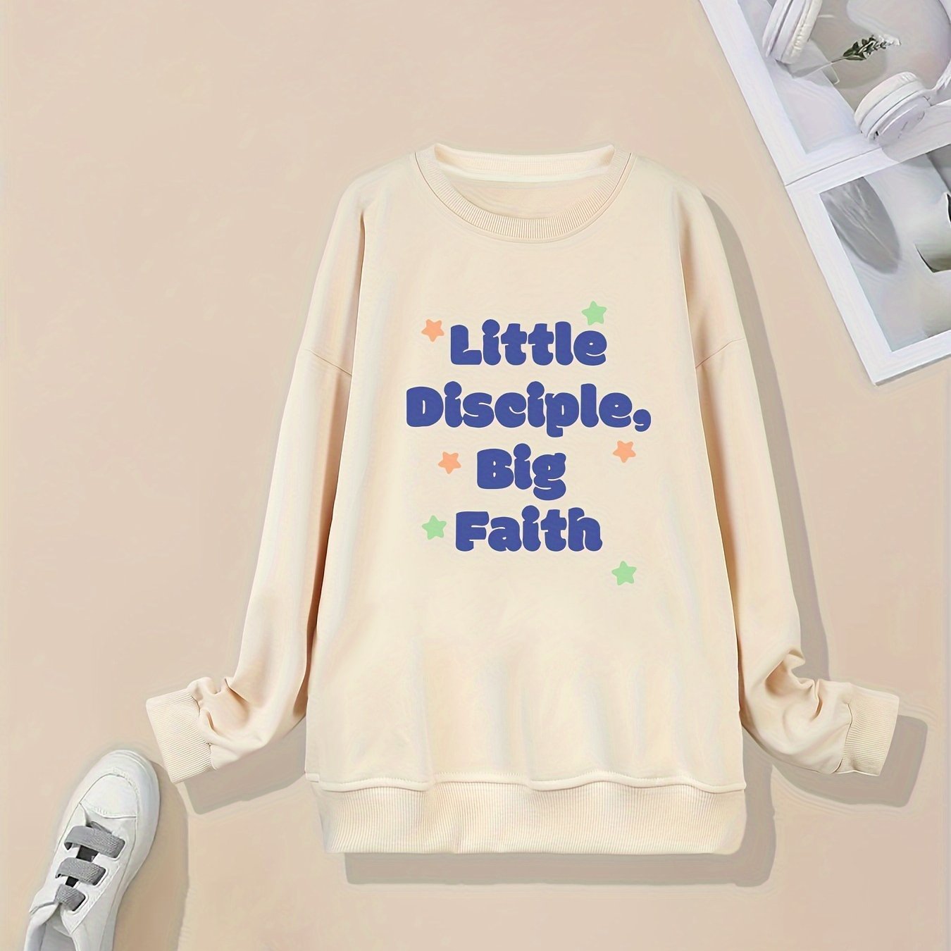 Little Disciples Big Faith Plus Size Women's Christian Pullover Sweatshirt claimedbygoddesigns