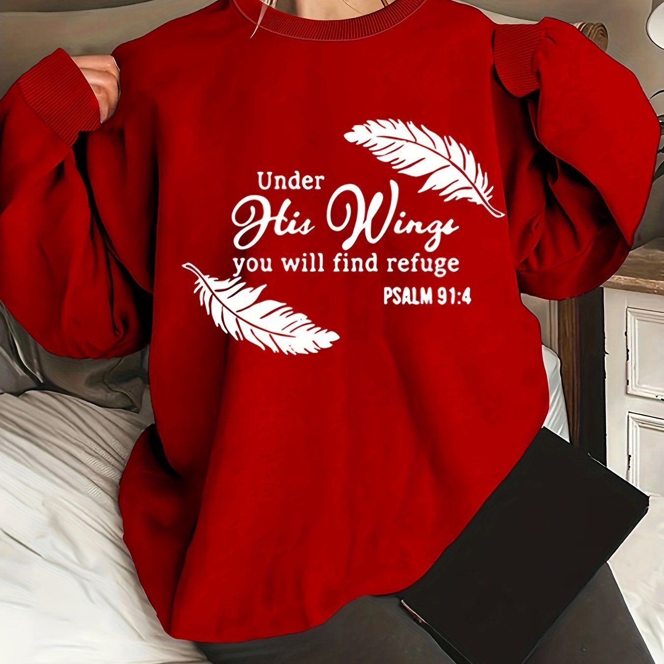 Psalm 91:4 Under His Wings You Will Find Refuge Plus Size Women's Christian Pullover Sweatshirt claimedbygoddesigns