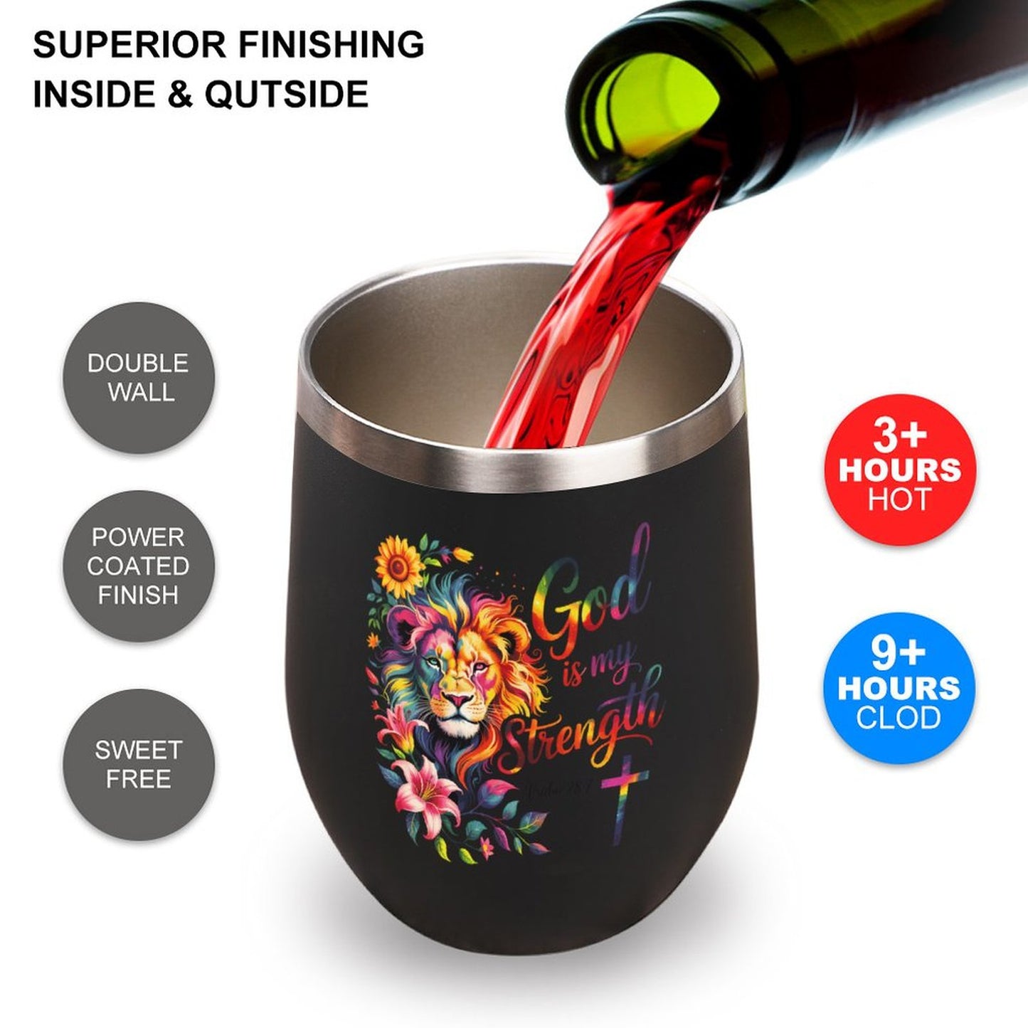 He Is My Strength Christian Wine Tumbler with Lid - ClaimedbyGodDesigns