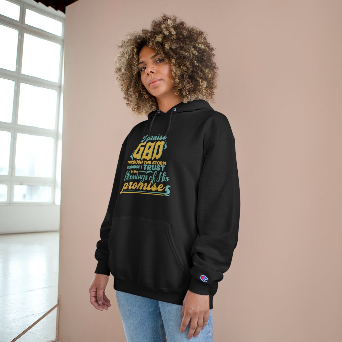 I Praise Him Through The Storm Because I Trust In The Blessings Of His Promise Unisex Champion Hoodie