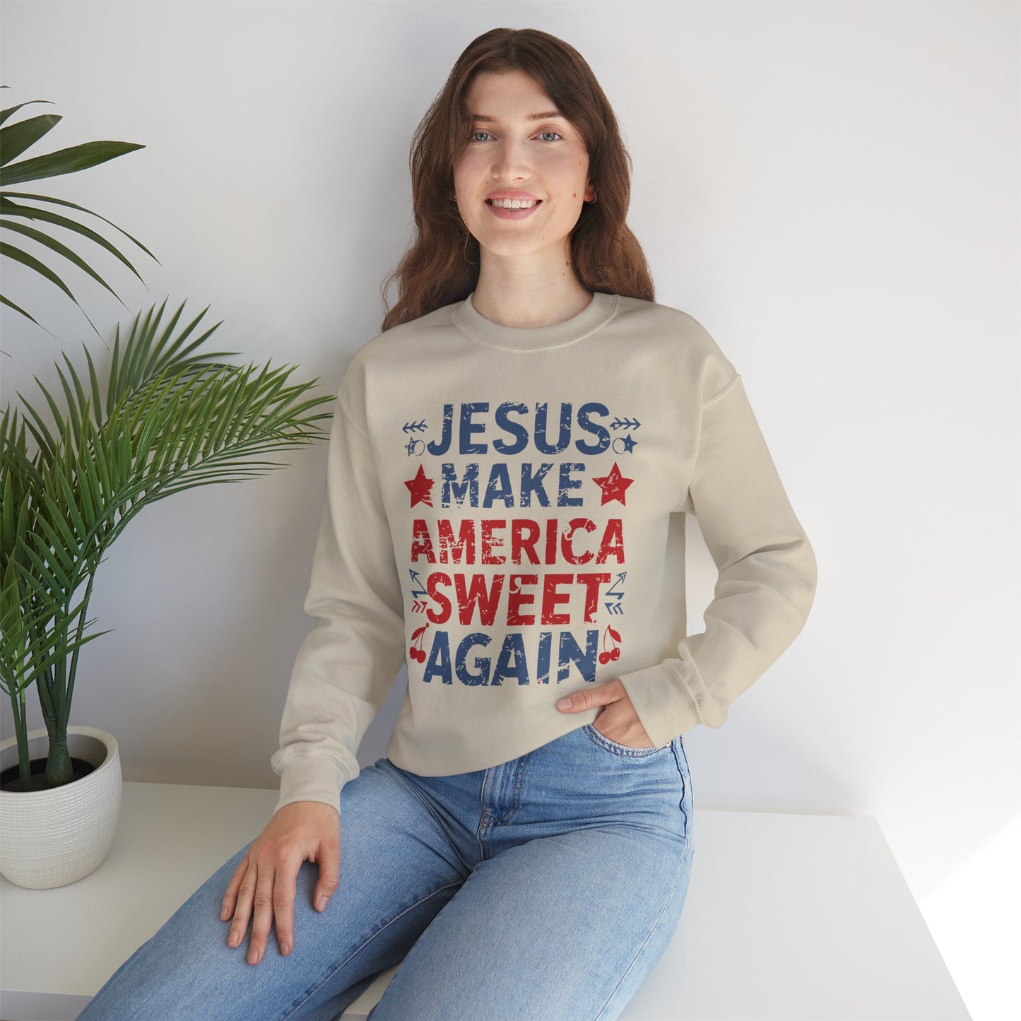 Jesus Make America Sweet Again Patriotic  Unisex Heavy Blend™ Crewneck Christian Sweatshirt