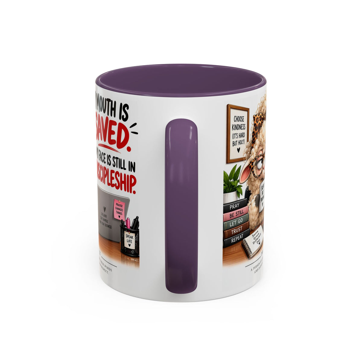 Saved & Sassy Sheep Coffee Mug — "My Mouth Is Saved, My Face Is Still In Discipleship" Accent Mug