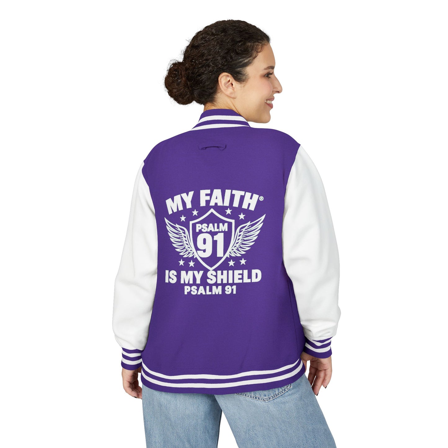 Letterman Jacket — “My Faith Is My Shield” 91 Vintage Varsity Jacket - ClaimedbyGodDesigns