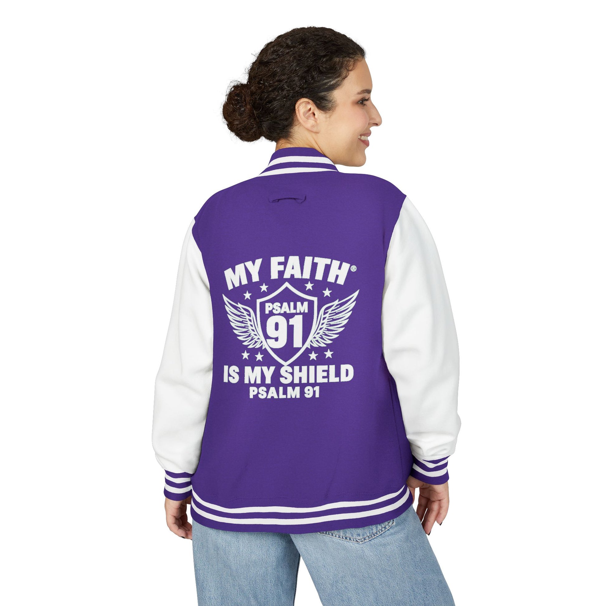 Letterman Jacket — “My Faith Is My Shield” 91 Vintage Varsity Jacket - ClaimedbyGodDesigns