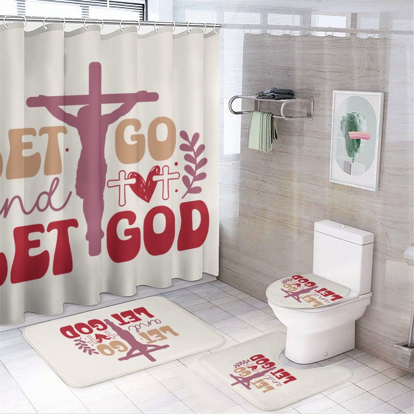 Let Go And Let God Christian Shower Curtain Set with a bath rug, a contour rug and a toilet lid cover.