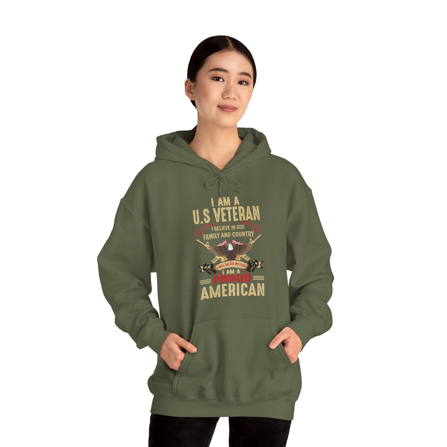 I Am A US Veteran I Believe In God Family And Country I Am A Proud American Patriotic Unisex Christian Pullover Hooded Sweatshirt