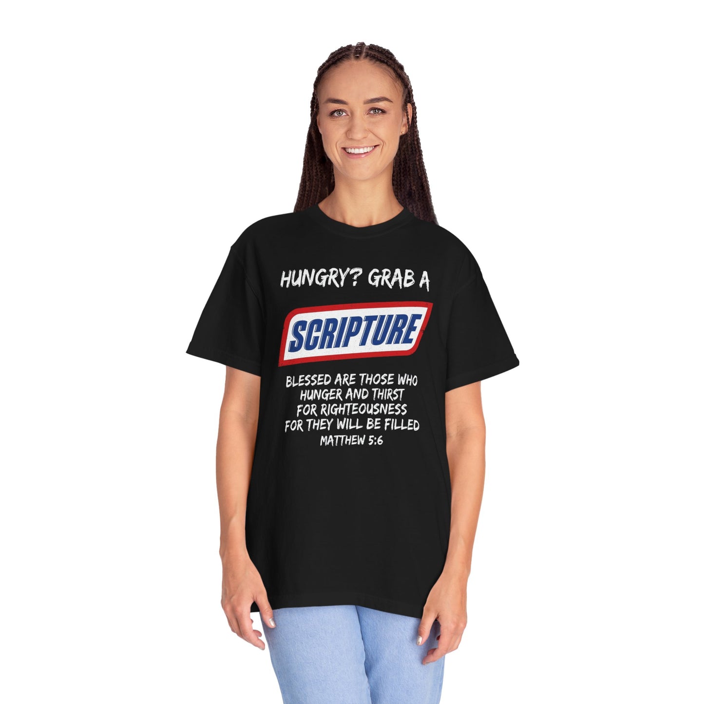 Scripture Snack T-Shirt — "Hungry? Grab a Scripture" Matthew 5:6 Christian Tee