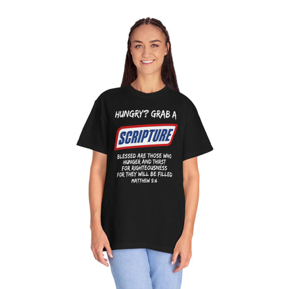 Scripture Snack T-Shirt — "Hungry? Grab a Scripture" Matthew 5:6 Christian Tee