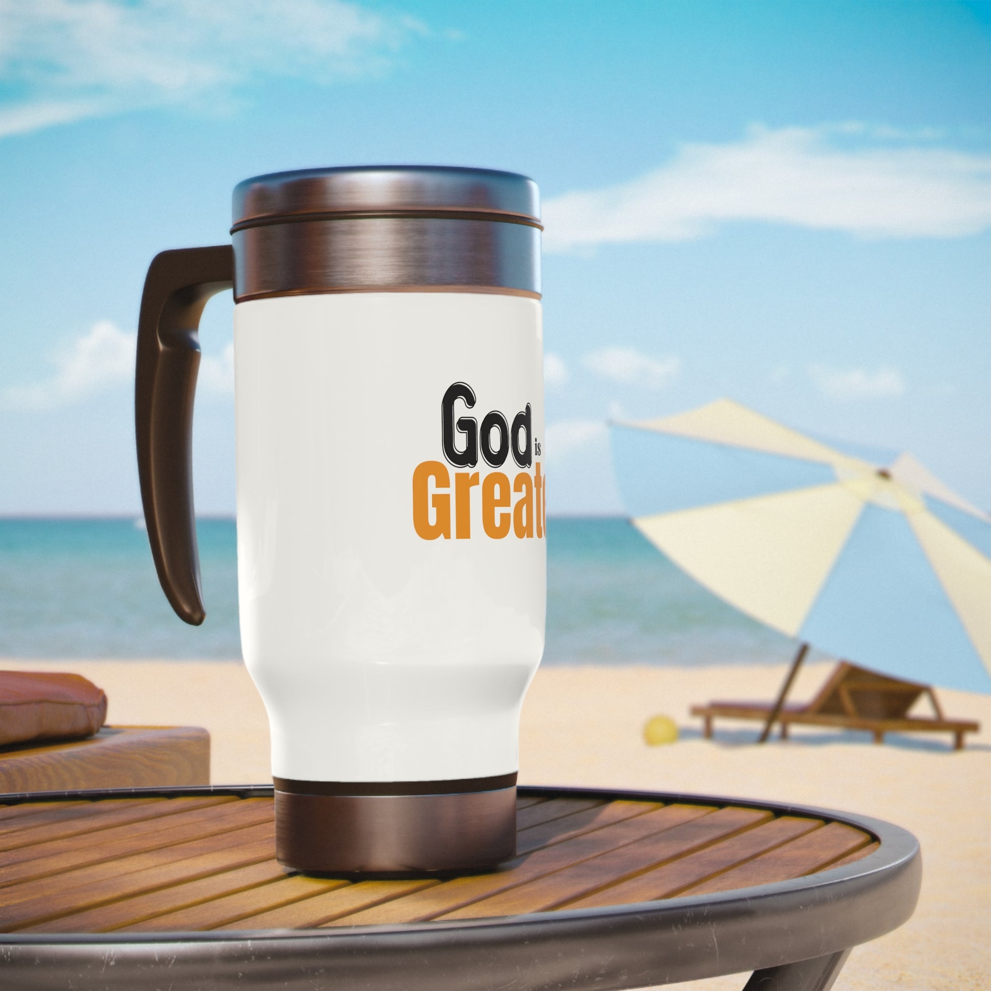 God Is Greater Travel Mug with Handle, 14oz Printify