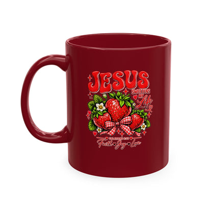 Ceramic Mug — "Jesus Sweetens My Life" Strawberry Faith Coffee Cup