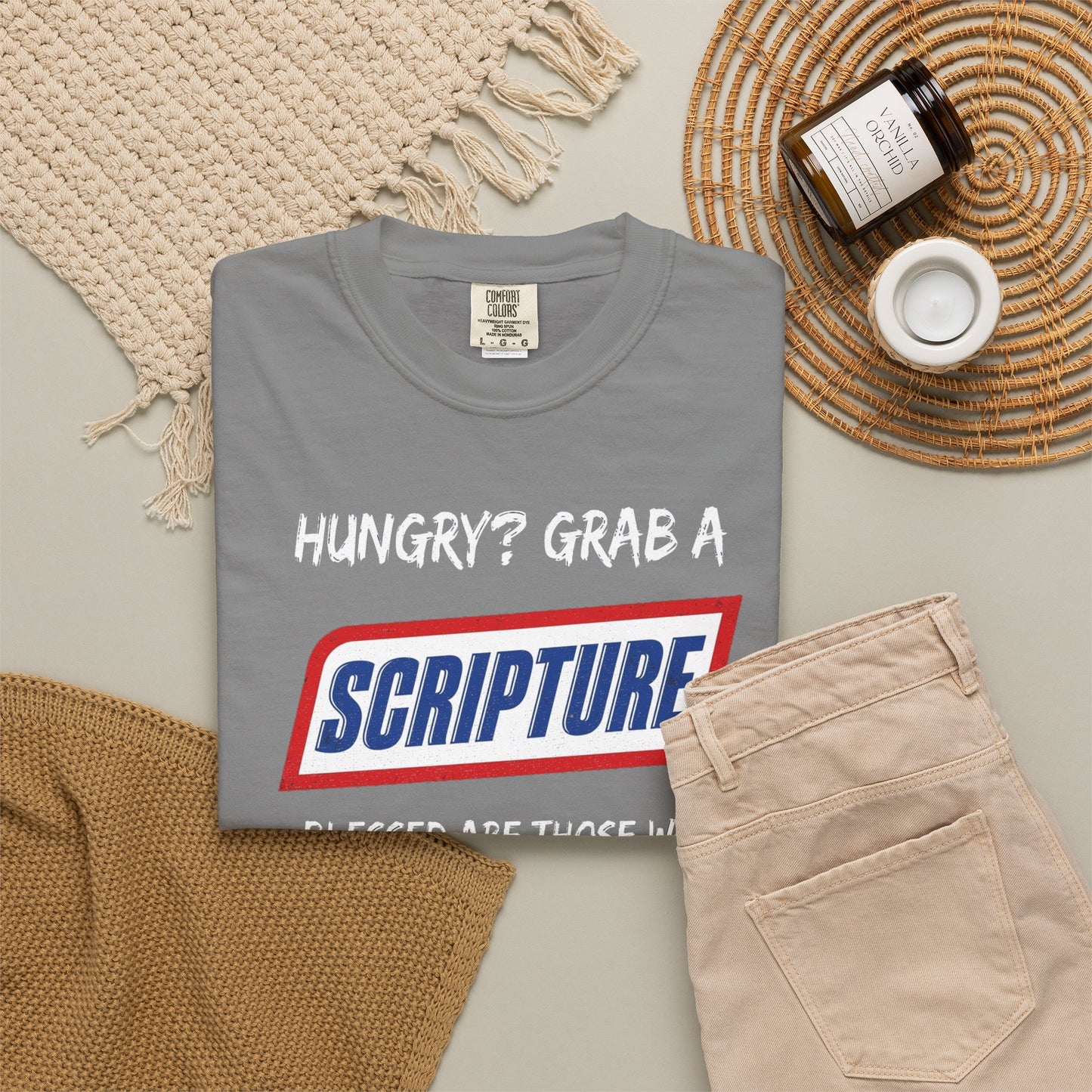 Scripture Snack T-Shirt — "Hungry? Grab a Scripture" Matthew 5:6 Christian Tee