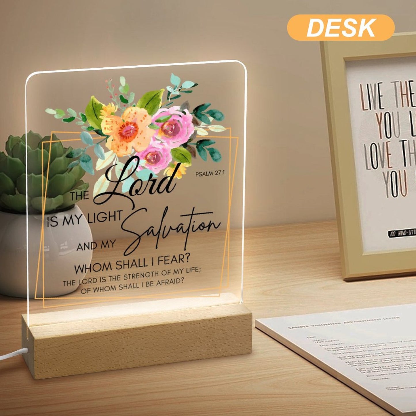 Psalm 27:1 The Lord Is My Light And My Salvation Christian Acrylic Night Light with Wooden Base Christian Gift Idea