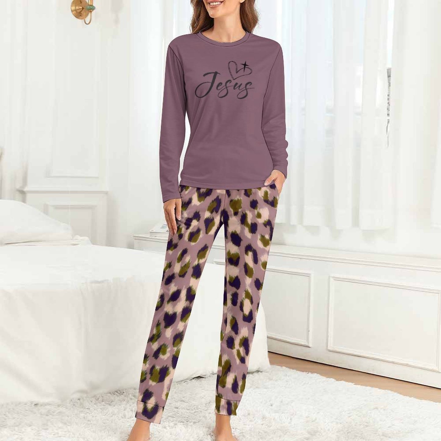 Jesus (cross in heart) Patterned Christian Women's Christian 2 Piece Pajama Set