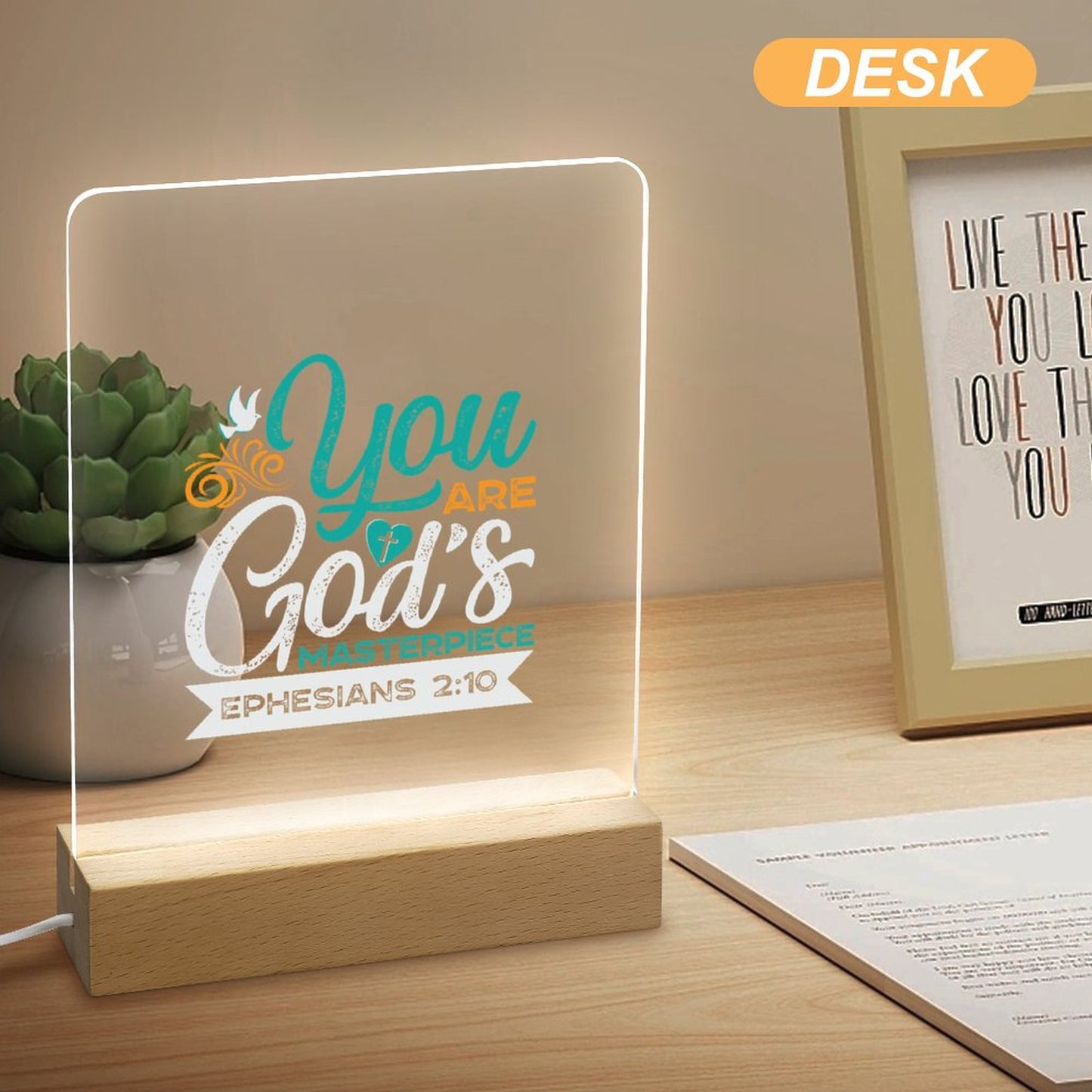 You Are God's Masterpiece Christian Acrylic Night Light with Wooden Base Christian Gift Idea